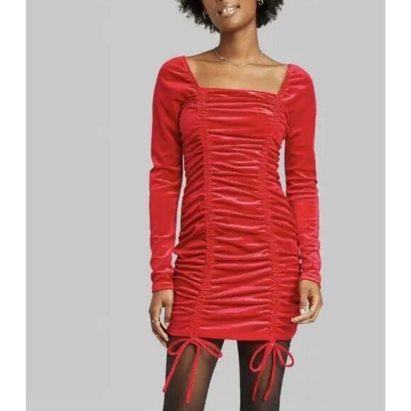 wild fable Dresses & Skirts - Women Red Long Sleeve Ruched Bodycon Mini Dress - Wild Fable Size S New